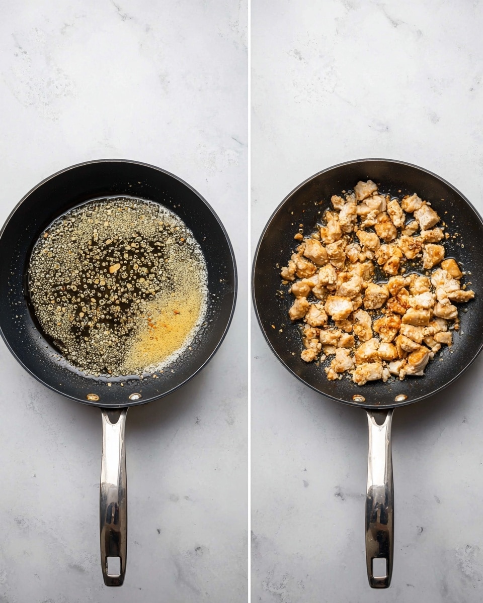 A black frying pan with a silver handle sits on a white marbled surface, shown in two views side by side. On the left, the pan contains bubbling melted butter with small golden bits floating on the surface, covering the entire bottom of the pan in an uneven pattern. On the right, the same pan holds a layer of small, golden-brown cooked chicken pieces spread out evenly across the melted butter base. The chicken pieces are irregular in shape and have a slightly crispy, browned texture on the outside. Photo taken with an iphone --ar 4:5 --v 7