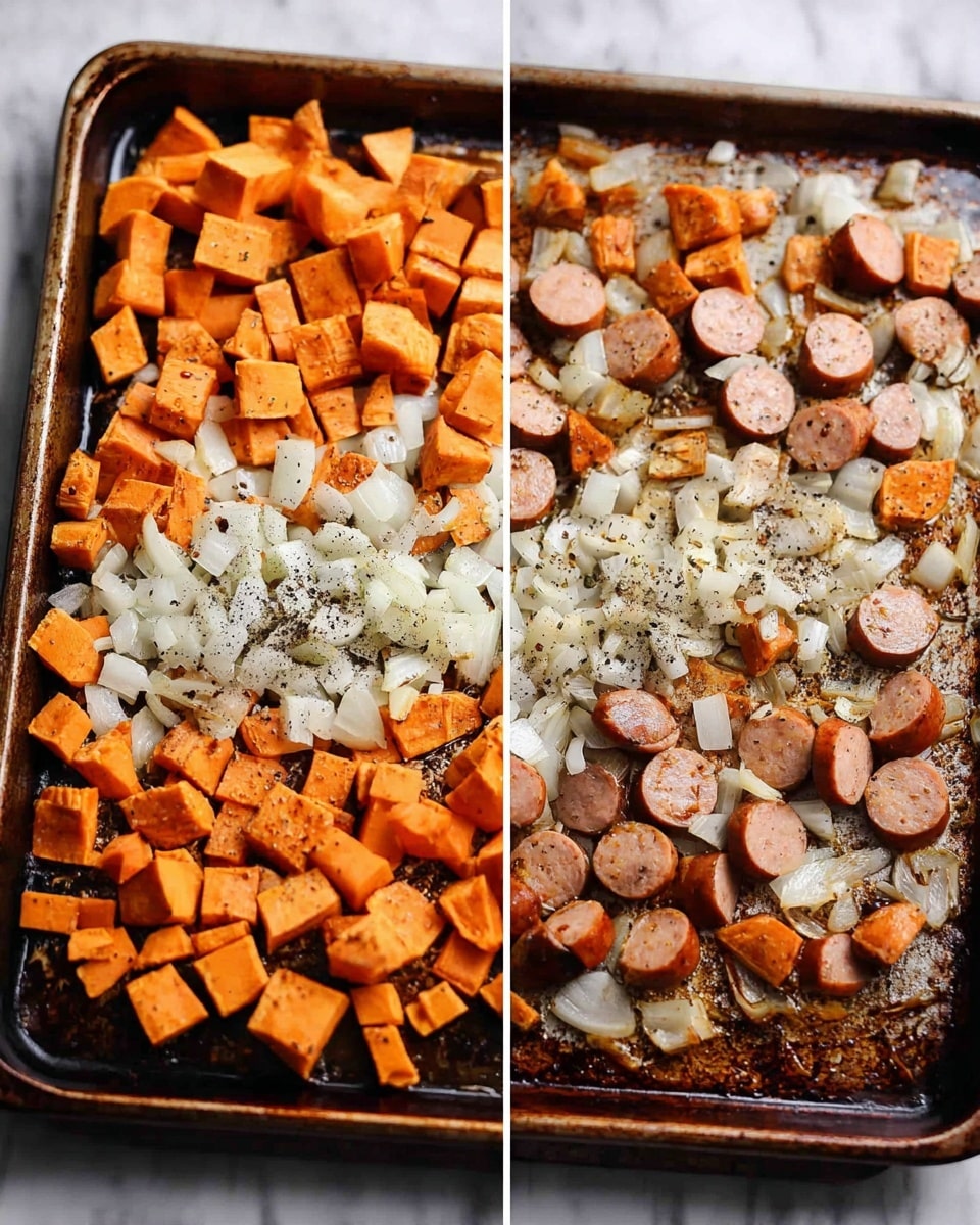 The side-by-side image shows a baking tray filled with diced vegetables and sausage. On the left side, there is one layer of raw cubed orange sweet potatoes sprinkled with black pepper around the edges, and a center layer of chopped white onions with a sprinkle of black pepper over them. On the right side, the cooked version shows a single layer of browned and slightly charred cubed sweet potatoes mixed with thick slices of cooked sausage that are light brown on the outside with a pinkish inside. The tray surface has some burnt bits and oil stains. The tray is on a white marbled textured surface. Photo taken with an iphone --ar 4:5 --v 7