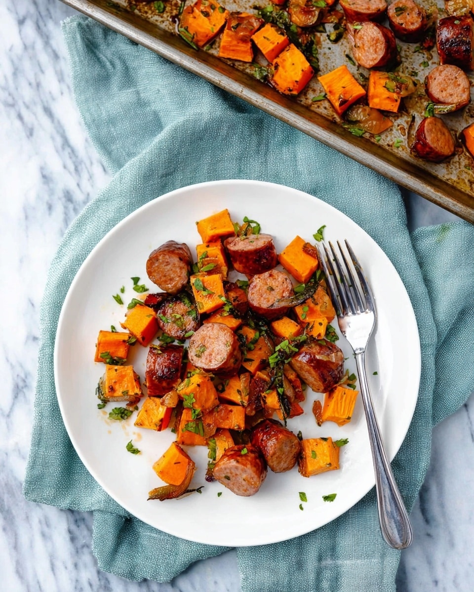 A white plate holds a mix of cooked sausage pieces and roasted sweet potato cubes. The sausage pieces are round and brown with a shiny texture, placed evenly among the orange sweet potato cubes that have some slightly charred edges. Green chopped herbs are sprinkled over everything, adding a fresh touch of color. A silver fork rests on the right side of the plate. The plate sits on a light blue cloth with a white marbled surface underneath. In the background, there is a metal baking tray with more roasted sausage and sweet potatoes, some pieces spread out irregularly with bits of herbs scattered around. photo taken with an iphone --ar 4:5 --v 7