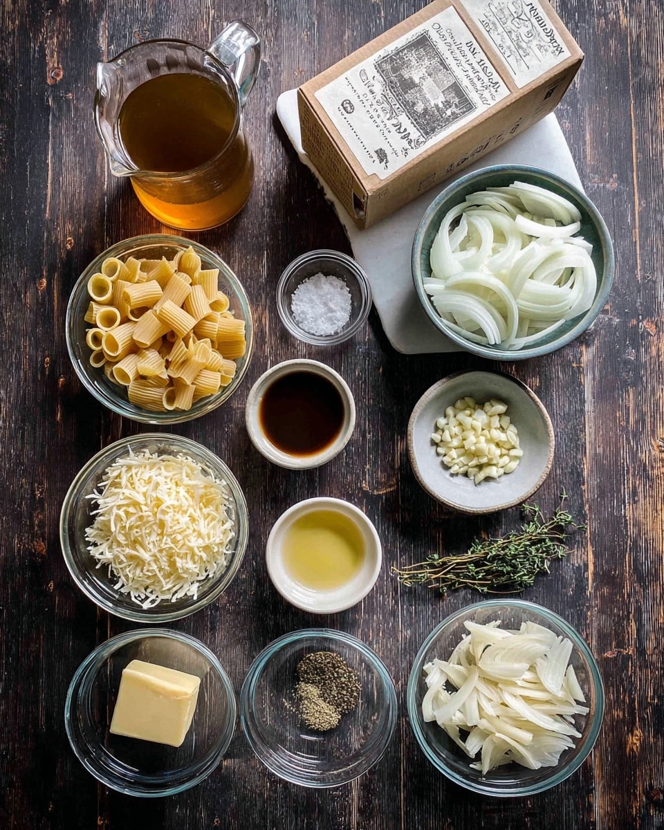 The image shows a flat lay of multiple small clear glass bowls and a cardboard box arranged neatly on a dark wooden surface with a white marbled texture. There is a large bowl filled with thinly sliced white onions at the top right. Below it, a small bowl contains chopped raw garlic, and next to that, another small bowl holds a mix of salt and black pepper. Moving left, a medium bowl is filled with shredded pale yellow Gruyere cheese. Beside it is a small dish with a square piece of pale yellow butter. Above the butter, there is a glass container with dark Worcestershire sauce and next to it is a small bowl with yellow oil. Above these is a small cup of light-colored wine. To the left of all bowls is a glass jug filled with amber-colored beef stock, with a white bowl of clear water next to it. At the top center is a box of rigatoni pasta with a beige and white label. A tiny bowl of green thyme leaves is near the onions. The arrangement is clear and well-spaced, with a focus on the natural colors and textures of each ingredient. Photo taken with an iphone --ar 4:5 --v 7