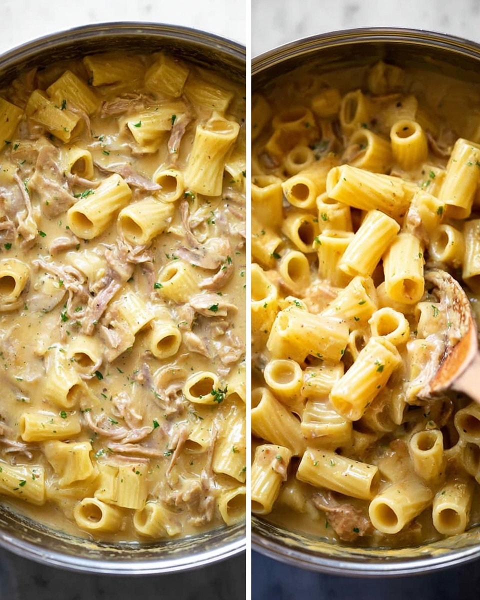 The image shows two close-up views of a creamy pasta dish in a large pan. The pasta is tube-shaped and light yellow, mixed well with a thick, smooth, light brown sauce. Thin slices of light brown meat and small green herb bits are spread evenly throughout the sauce, giving texture and color contrast. The sauce looks rich and coats the pasta and meat fully. The background is a white marbled surface, and on the right side, a wooden spoon is partly visible stirring the pasta, held by a woman's hand. Photo taken with an iphone --ar 4:5 --v 7