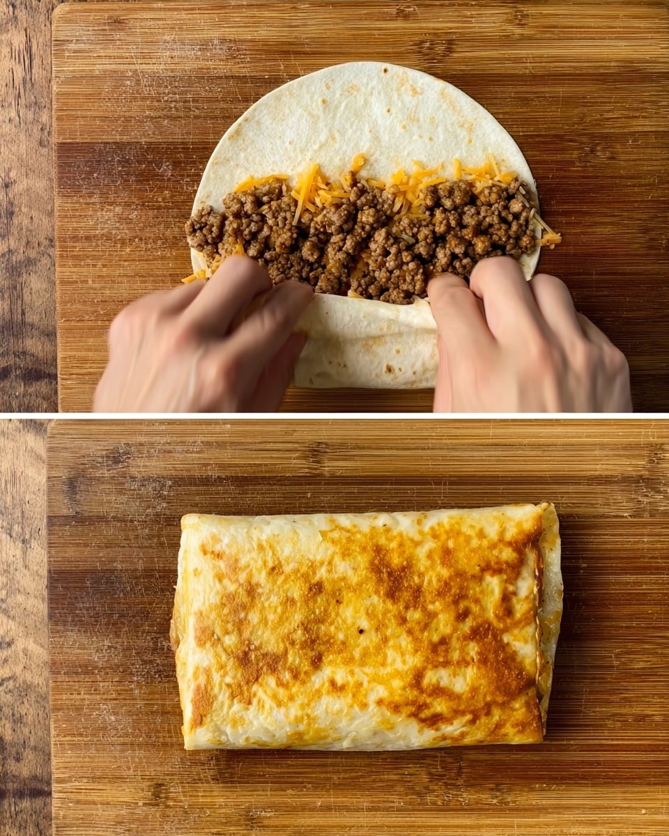 The first image shows a woman's hands folding a white tortilla wrap around a filling of cooked ground meat mixed with small pieces of orange cheese, placed on a wooden surface. The second image shows the finished wrap, folded neatly into a rectangular shape with a golden-brown crispy surface on top, placed on the same wooden surface. The textures contrast between the soft, pale tortilla and the crispy browned wrap. photo taken with an iphone --ar 4:5 --v 7