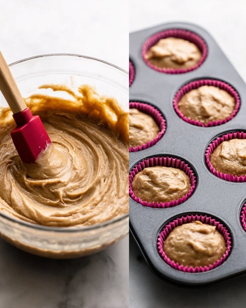 The image shows two parts: on the left, a clear glass bowl filled with light brown thick batter being stirred by a wooden spatula with a red silicone tip, the batter appears smooth and creamy with some swirls; on the right, a dark gray muffin tray with pink paper liners filled about three-quarters with the same light brown thick batter, ready for baking; all placed on a white marbled surface. photo taken with an iphone --ar 4:5 --v 7