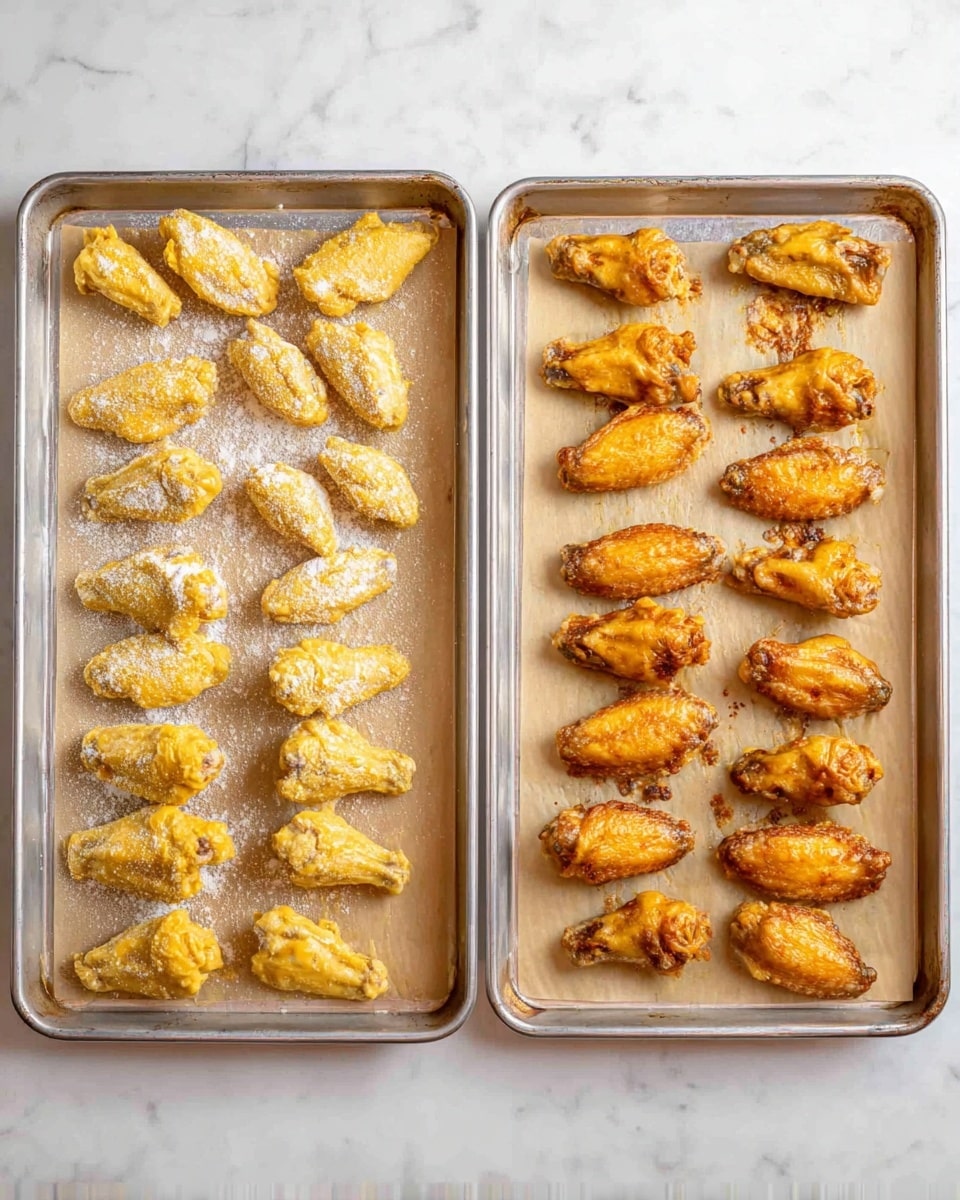 Two metal baking trays are shown side by side on a white marbled surface. The left tray holds 24 raw chicken wings coated evenly with a light yellow batter, arranged in four rows of six on a light brown parchment paper. The wings have a powdery texture with some white flour visible. The right tray holds the same 24 chicken wings but now cooked to a golden brown with a crisp, slightly darker, and textured surface, also arranged in four rows of six on a similar parchment paper. The metal trays show baked spots where the wings touched the paper. photo taken with an iphone --ar 4:5 --v 7