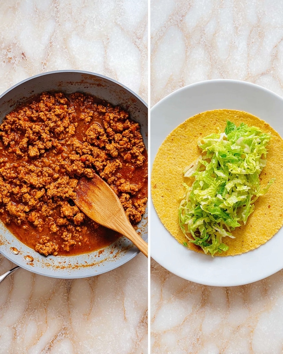 The image is split into two parts; on the left side, there is a gray frying pan filled with cooked ground meat in a thick reddish-brown sauce, with a wooden spoon resting inside the pan on the right side. On the right side of the image, there is a white plate holding a yellow flat tortilla with green shredded lettuce spread in the center on top, all placed on a white marbled surface. photo taken with an iphone --ar 4:5 --v 7