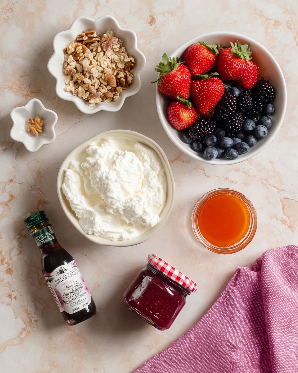 A white bowl filled with thick, white cottage cheese sits at the center on a white marbled surface. Above it, a white bowl holds fresh red strawberries, dark purple blackberries, and blue blueberries, arranged closely together. To the left, a scalloped white bowl contains light brown granola with nut pieces. On the right side, a small flower-shaped white dish has orange jam. Below the cottage cheese bowl, there is a small dark brown bottle with a green cap labeled vanilla extract and a jar of red strawberry jam with a red checkered lid. A pink cloth is placed on the bottom right corner. Photo taken with an iphone --ar 4:5 --v 7