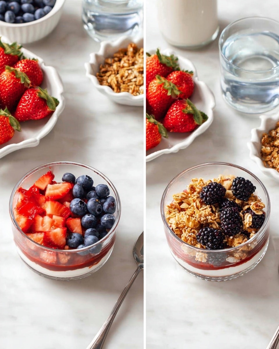 The image shows two small clear glass bowls on a white marbled surface. In the left bowl, the bottom layer is red strawberry sauce, topped with fresh blueberries, blackberries, and diced strawberries in mixed red, blue, and black colors. The right bowl has the same fruits as the left one, with an added top layer of light brown granola that is crisp and clustered. Nearby, there is a white scalloped bowl filled with more granola, a white plate with whole strawberries, blueberries, and blackberries, and a glass of water. The scene is bright and clean, focused on the fresh fruit and granola layers photo taken with an iphone --ar 4:5 --v 7