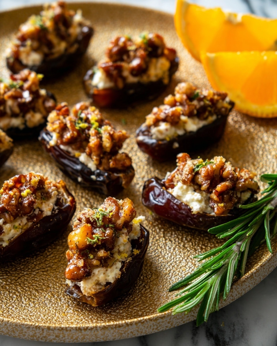 The image shows a close-up of several stuffed dates arranged on a textured golden plate placed on a white marbled surface. Each date is dark brown and split open to hold a layer of white creamy cheese inside, topped with a chunky layer of chopped nuts that are golden brown and slightly roasted. Small green herb pieces are mixed with the nuts, adding texture and detail. A sprig of fresh green rosemary lies on the plate near the dates, and a partial wedge of orange with a bright yellow-orange peel rests in the background on the right edge. The overall look is warm and inviting. photo taken with an iphone --ar 4:5 --v 7