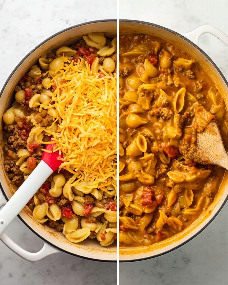 The image shows two views of a white pot on a white marbled surface. On the left, the pot is filled with a layer of cooked pasta shells mixed with ground meat and diced tomatoes, topped with a thick layer of shredded yellow cheese. A white spoon with a red silicone tip is partly buried in the cheese. On the right, the pot shows the same ingredients stirred together into a creamy, orange sauce, with the pasta shells and meat visible along with diced tomatoes. A wooden spoon rests inside the pot, scooping the mixture. The colors are warm and inviting, highlighting the rich sauce and cheesy texture. photo taken with an iphone --ar 4:5 --v 7