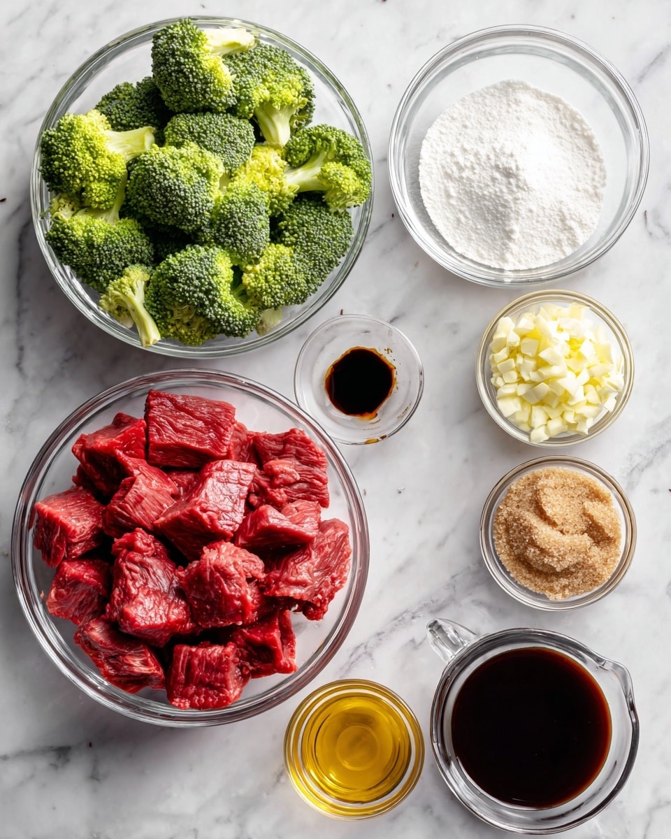 A clear glass bowl filled with bright red sliced chuck roast sits on the left side of a white marbled surface. To the right of it, small clear bowls hold white cornstarch powder, minced garlic with a pale yellow color, and light brown sugar with a rough texture. Nearby, a larger clear bowl contains bright green frozen broccoli florets. At the bottom left, a small clear glass cup holds dark soy sauce, next to a smaller bowl with amber-colored sesame oil. On the bottom right, a clear measuring cup contains dark beef broth. Each ingredient is neatly arranged and spaced on the white marbled background, creating a clean and organized layout. photo taken with an iphone --ar 4:5 --v 7