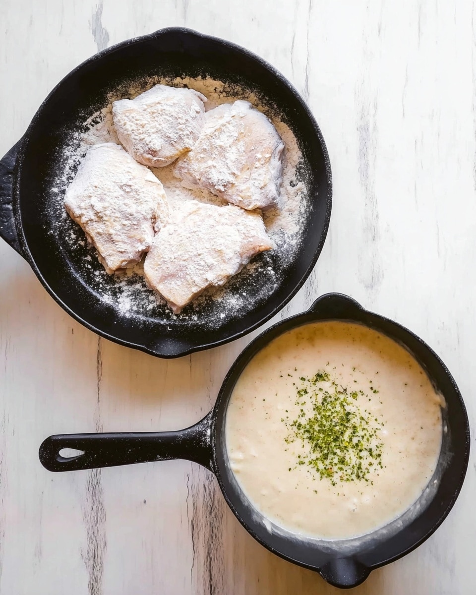 The image shows two black pans on a white marbled surface. In the first pan, there are four pieces of raw meat covered in a light layer of white flour, arranged in a rough square. The meat looks fresh and pale pink under the flour. The second pan contains a thick, creamy light beige sauce with a few green herbs sprinkled in the center, giving a slight contrast in color. Both pans have black handles, and the scene is lit naturally to highlight the textures and colors. Photo taken with an iphone --ar 4:5 --v 7