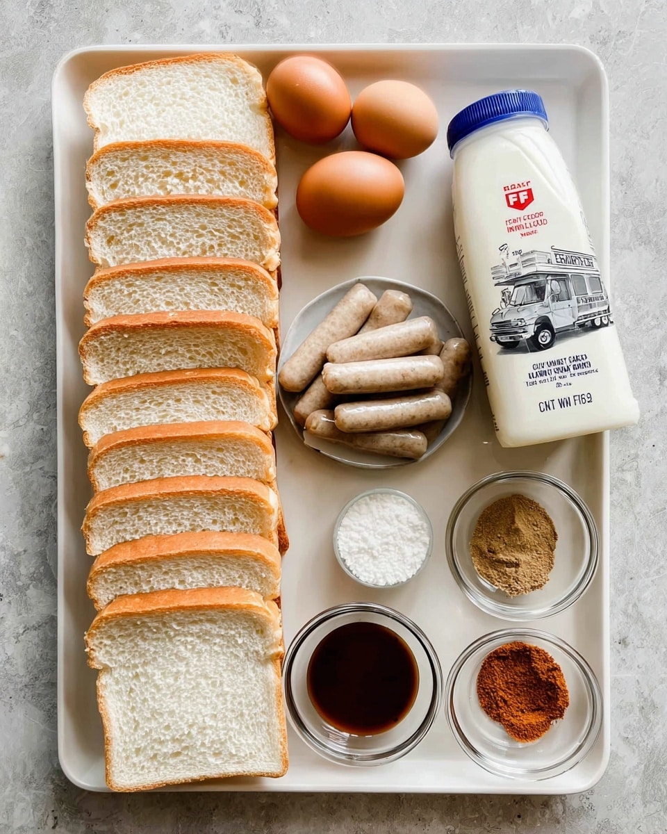 A rectangular white tray on a white marbled surface holds several cooking ingredients neatly placed. On the left side, there are ten slices of white bread arranged in a fanned stack showing their soft inner texture and light brown crusts. Below the bread are three brown eggs grouped together. Next to the eggs is a small white bowl filled with white granulated sugar. In the center, a small clear plate holds about eight raw light brown sausage links stacked in a pyramid shape. To the right of the sausages, three small clear bowls are lined up; the first contains a dark brown liquid, the second holds a reddish-brown powder, and the third a white powder. On the far right, a white bottle of reduced fat milk with a blue cap stands upright, featuring a vintage delivery truck image on the label. The setup looks clean and organized, ready for cooking. Photo taken with an iphone --ar 4:5 --v 7