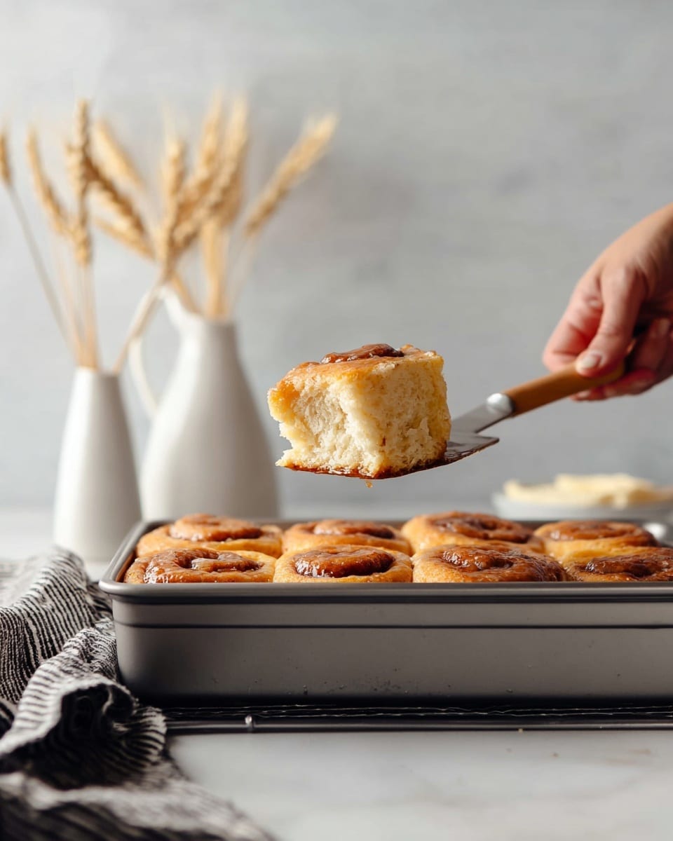 A soft cinnamon roll piece is lifted by a woman's hand holding a light wooden-handled spatula above a rectangular grey baking pan filled with golden brown cinnamon rolls arranged clearly in two visible rows. The cinnamon roll is light tan on top with a fluffy, airy texture inside and a slightly sticky, shiny caramelized bottom layer. In the background, two simple white vases with wheat stalks and a white ceramic pitcher sit on a white marbled surface under soft natural light, with a dark striped cloth napkin in the foreground. Photo taken with an iphone --ar 4:5 --v 7
