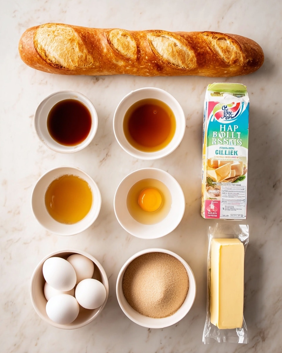 A long, golden-brown baguette rests horizontally at the top of the image on a white marbled surface. Below it, six white bowls are arranged with cooking ingredients: from left to right, the top row shows a bowl of dark brown liquid, a bowl of amber liquid, and a bowl of clear liquid; the bottom row holds a bowl filled with five white eggs and another bowl with packed light brown sugar. To the right of the bowls, a colorful carton of half and half cream stands upright, and next to it is a wrapped stick of butter with a light yellow wrapper. The scene is bright and evenly lit, with all elements sharply visible. Photo taken with an iphone --ar 4:5 --v 7
