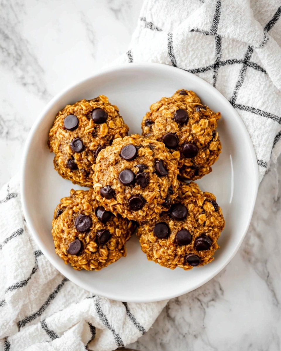 A white round plate with a dotted edge holds six small round oatmeal cookies with visible dark chocolate chips scattered throughout. The cookies have a rough texture with oat flakes sticking out, and they are arranged loosely in a circular pattern on the plate. The white plate sits on a white marbled surface that adds soft grey veining to the background. The lighting is bright and natural, highlighting the golden brown color of the cookies and the contrast with the chocolate chips. photo taken with an iphone --ar 4:5 --v 7