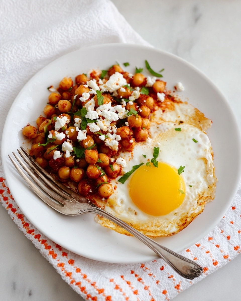 A white plate holds a simple dish with two main layers. On the bottom right is a fried egg with a bright yellow yolk and white edges that are slightly crispy. On the left and top sides of the plate, a layer of cooked chickpeas coated in a reddish sauce fills the space. The chickpeas are topped with small white cheese crumbles and sprinkled with fresh green herbs. A silver fork is placed diagonally across the lower left side of the plate. The plate rests on a white cloth with small orange dots, all set on a white marbled surface. photo taken with an iphone --ar 4:5 --v 7