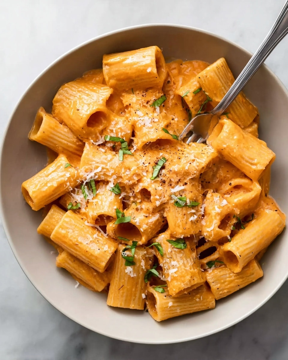 A bowl filled with rigatoni pasta coated in a smooth, creamy orange sauce. The rigatoni tubes are arranged tightly together, each showing ridged texture, with some pieces having a hollow center. Lightly sprinkled grated cheese and small green herb leaves are scattered on top, adding contrast. A metal fork rests inside the bowl, partially buried under the pasta. The bowl is white and placed on a white marbled surface. photo taken with an iphone --ar 4:5 --v 7