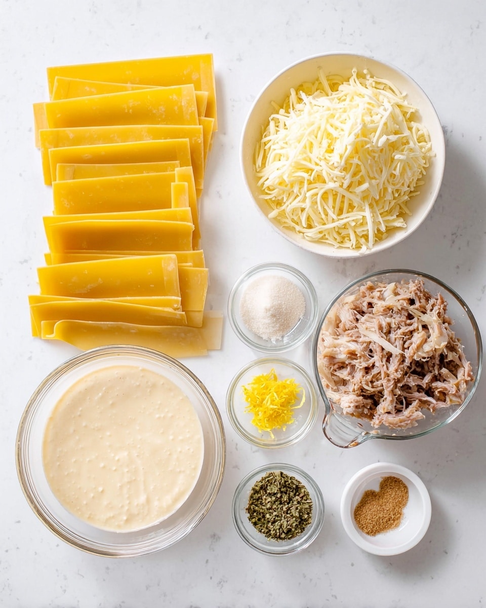 The image shows ingredients for a lasagna dish arranged neatly on a white marbled surface. There are five long, flat yellow lasagna sheets stacked on the left side. To their right, there is a white bowl filled with shredded cheese that is light yellow and fluffy. Below the cheese bowl, a clear glass bowl holds a creamy, off-white sauce with a smooth texture. Next to the sauce bowl, on the right, a clear glass measuring cup contains shredded, light brown cooked meat. Around these main ingredients, small white bowls hold different seasonings: one bowl has a white powder, another has light brown granules, one holds yellow lemon zest, and another contains green dried herbs. photo taken with an iphone --ar 4:5 --v 7
