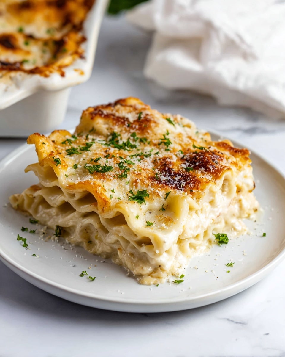 A slice of creamy white lasagna is placed on a white plate, showing four layers of wavy pasta sheets filled with a light beige cheese sauce. The top layer is golden brown and bubbly with melted cheese, sprinkled with green parsley and white grated cheese. The plate sits on a white marbled surface with a blurred white cloth and part of a baking dish in the background. photo taken with an iphone --ar 4:5 --v 7