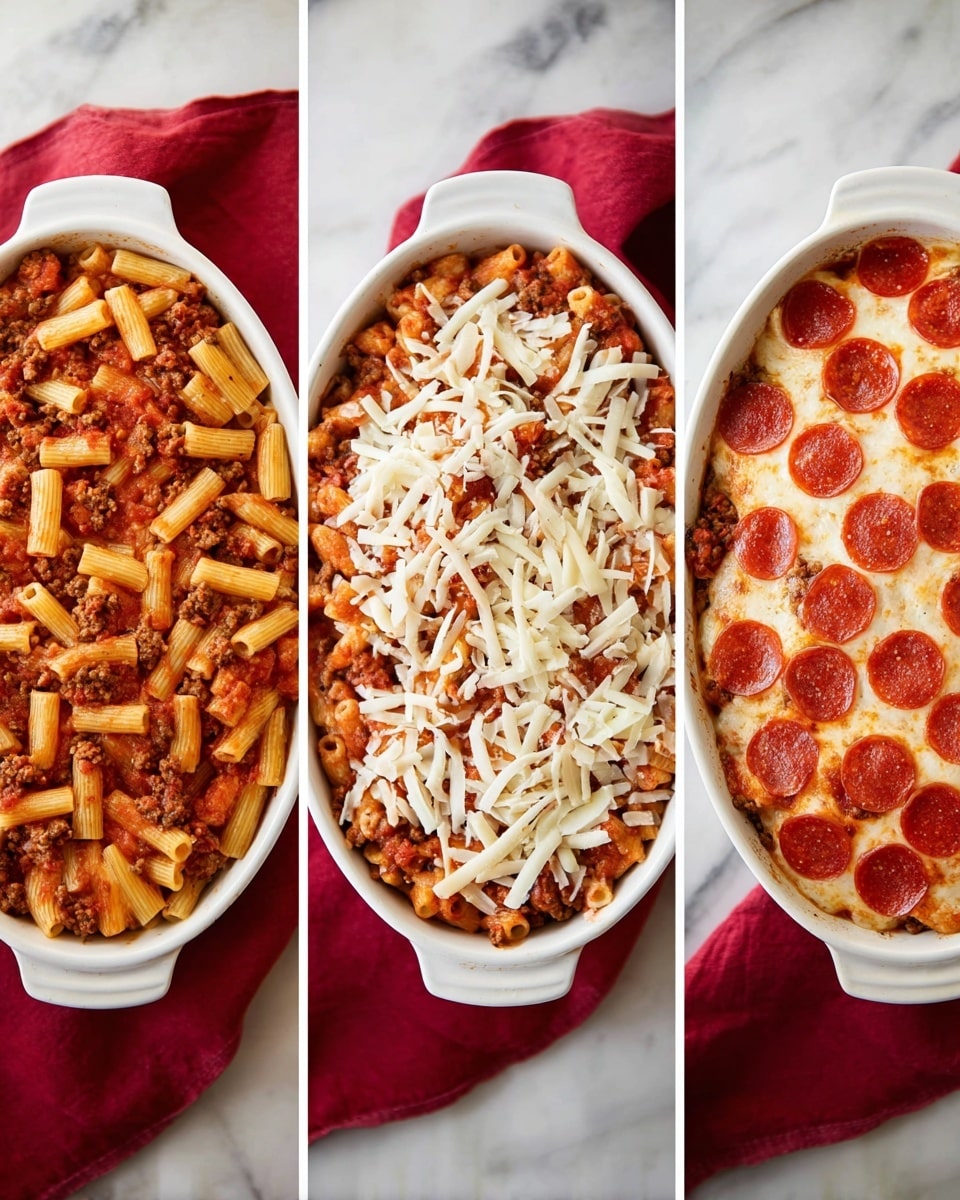The image shows three white oval dishes placed side by side on a white marbled surface. The first dish is filled with cooked rigatoni pasta mixed with a red tomato sauce and small pieces of browned ground meat evenly spread throughout. The second dish layers the same pasta and sauce mix, topped with a thick layer of shredded white cheese, evenly sprinkled with circular slices of pepperoni arranged in neat rows across the surface. The third dish features the pasta and meat sauce covered in a melted layer of cheese with pepperoni slices on top, the cheese melted and slightly golden in spots, with the dish placed next to a folded red cloth on the white marbled surface. photo taken with an iphone --ar 4:5 --v 7