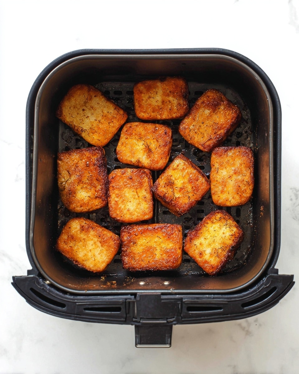 The image shows a black air fryer basket containing ten golden-brown pieces of cooked food, each piece roughly square or rectangular in shape. The pieces have a crispy, evenly browned texture with some darker toasted edges and a slightly rough surface. The basket is square with rounded corners and has a textured base with ridges. The scene is set on a white marbled surface. photo taken with an iphone --ar 4:5 --v 7