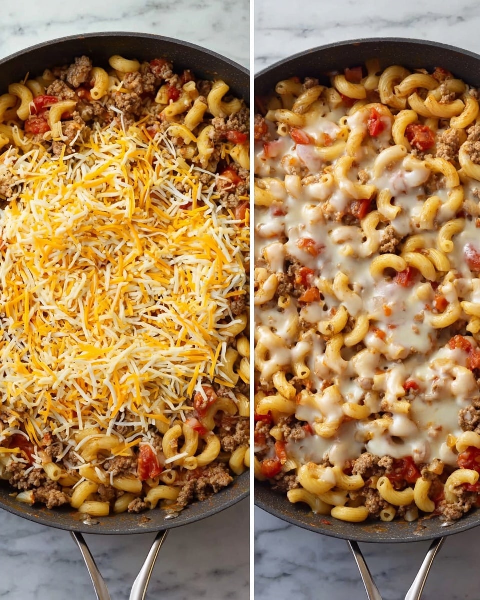 The image shows a skillet filled with macaroni pasta mixed with ground meat and small pieces of tomato. The first part shows the dish before cooking, with a mixture of shredded yellow and white cheese spread on top. The second part shows the dish after cooking, with the cheese melted and covering the pasta mixture, giving a creamy and slightly browned look with melted cheese strands. The skillet rests on a white marbled surface. photo taken with an iphone --ar 4:5 --v 7