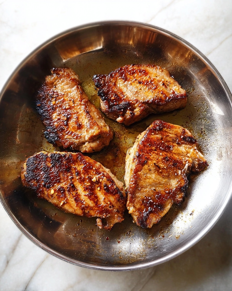 A stainless steel pan holds four pieces of cooked meat, each with a well-browned and slightly charred golden-brown surface showing varied texture with crispy edges and juicy centers. The pan's smooth reflective surface catches the warm light, highlighting the rich colors and slight caramelized spots on the meat. The background under the pan is a white marbled texture. photo taken with an iphone --ar 4:5 --v 7