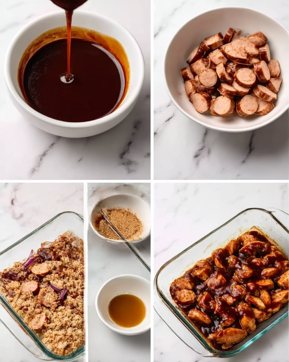 The image shows a series of six photos arranged in a grid, each depicting stages of a cooking process in white bowls and a clear glass baking dish on a white marbled surface. The first photo shows a close-up of thick, dark brown sauce in a small white bowl with a smooth texture. The second photo shows the same sauce poured over slices of light pink sausage arranged in a white bowl. The third photo shows the sausage slices coated in the sauce and mixed together, with some purple onion pieces visible, all in the white bowl. The fourth photo shows the coated sausage pieces spread evenly in a clear glass baking dish beside the white bowl holding a small amount of mustard-colored sauce. The fifth photo shows the sausage pieces topped with crumbs of pale beige, likely a crumb topping, spread on the sausage in the glass baking dish. The sixth photo shows the fully cooked sausage pieces browned and covered with a thick dark brown sauce in the glass baking dish. photo taken with an iphone --ar 4:5 --v 7