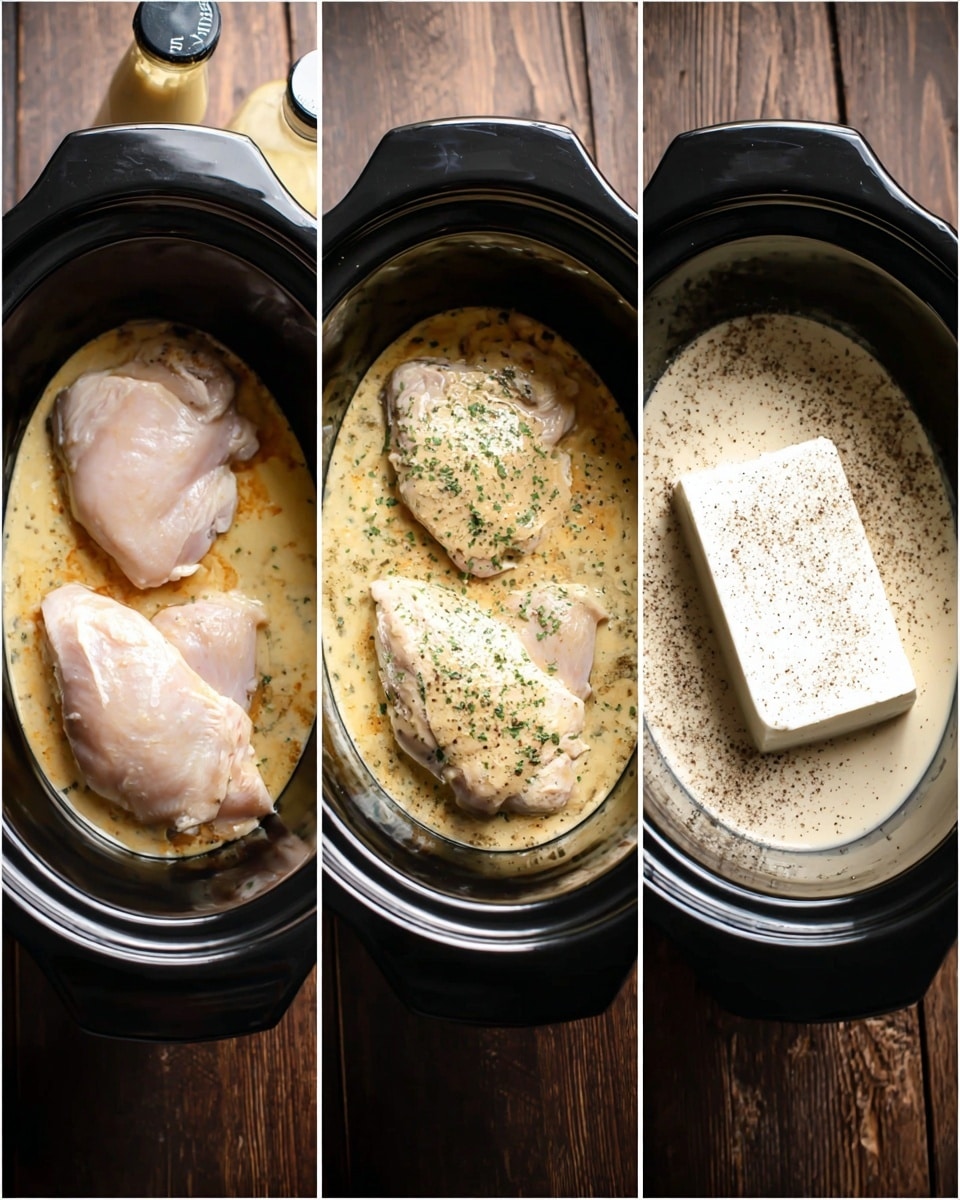 The image shows three black slow cooker inserts side by side on a wooden surface. The first insert contains two pieces of pale, raw chicken placed flat on the base. The second insert shows the same two chicken pieces now covered in a creamy, yellowish sauce sprinkled with green herbs and spices that coat the chicken fully. The third insert is filled with a dry, light beige mixture sprinkled with black pepper, with a white block of cream cheese placed on top in the middle. A bottle of light-colored sauce is partly visible behind the first slow cooker insert. photo taken with an iphone --ar 4:5 --v 7