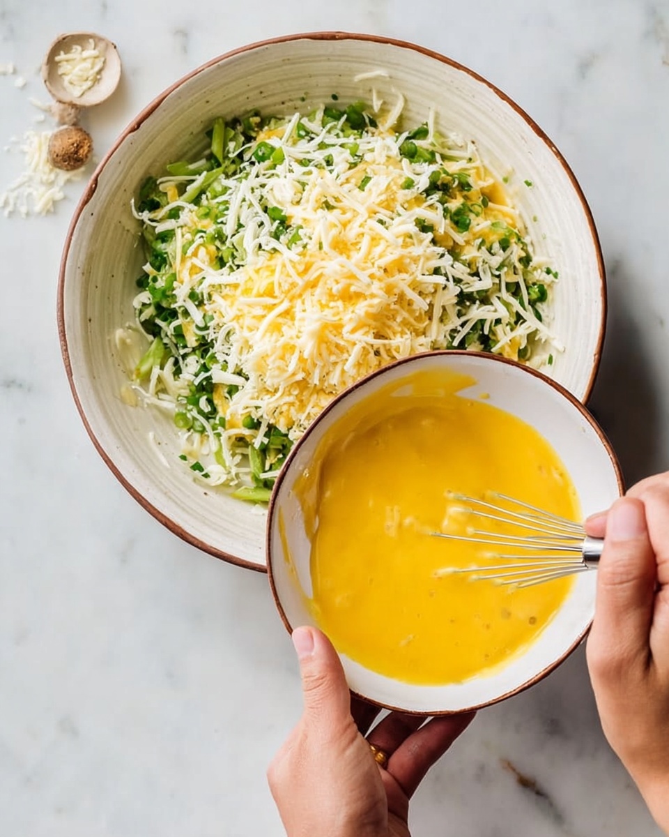 In a large white bowl with a brown rim, shredded white cheese and chopped green vegetables form a base layer, with a smooth, bright yellow beaten egg mixture being poured over them from a smaller white bowl with a brown rim held by woman's hand with a whisk inside it; the scene is set on a white marbled surface, and another woman's hand is steadying the larger bowl photo taken with an iphone --ar 4:5 --v 7