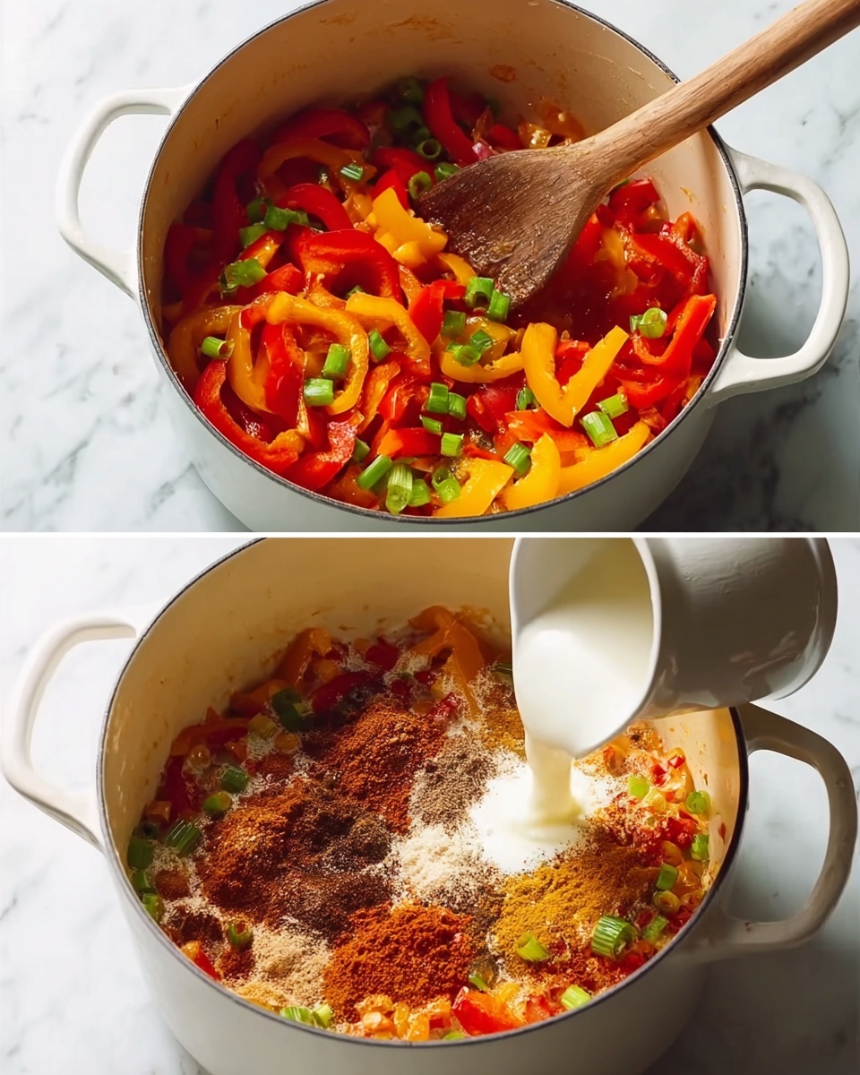 A white pot contains a mix of sliced red and yellow bell peppers with chopped green onions, showing bright, fresh colors and a soft cooked texture, being stirred by a wooden spoon. In the second image, the same pot shows the same vegetable mix topped with various brown and black spices, cream being poured in from a white pitcher, and the vegetables forming the base layer with the spices and cream adding a creamy, spiced layer above. The pot rests on a surface with a white marbled texture. photo taken with an iphone --ar 4:5 --v 7