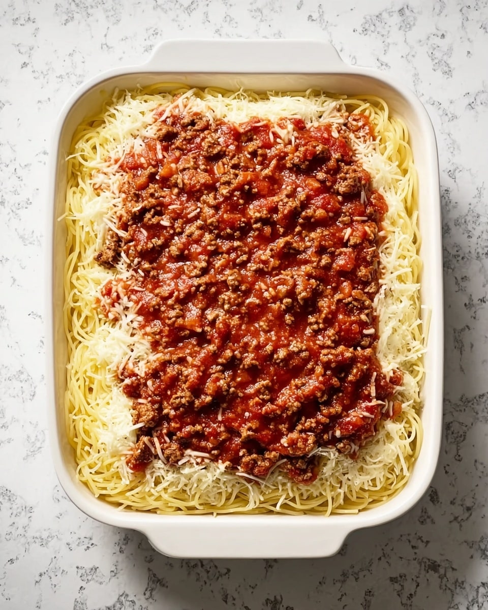 The image shows a white, rectangular dish filled with layered food. The bottom layer consists of pale yellow cooked spaghetti noodles spread evenly across the dish. Above the noodles is a layer of melted white cheese, visible mostly around the edges where it peeks out. The top layer is a thick, rich red tomato sauce mixed with browned ground meat, covering the entire surface with a chunky texture. The dish rests on a white marbled surface. photo taken with an iphone --ar 4:5 --v 7