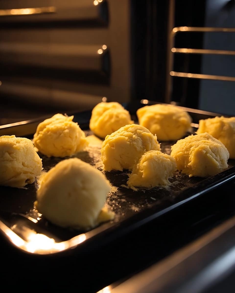 The image shows nine pieces of yellow mashed potato dough placed unevenly on a shiny black baking tray inside an oven. Each potato piece has a soft and slightly rough texture with visible cracks and lumps. The light inside the oven casts a warm glow, highlighting the moist surface of the dough. The background is blurred dark oven interior with a glimpse of the oven door. photo taken with an iphone --ar 4:5 --v 7