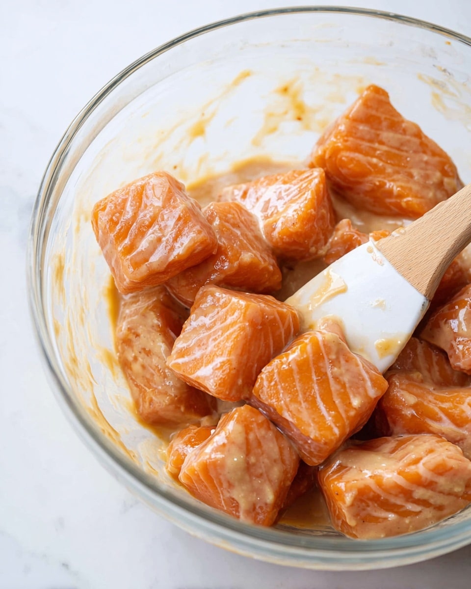 The image shows chunks of orange-colored raw salmon coated in a light brown sauce inside a clear glass bowl. The salmon pieces have visible lines and a smooth texture, covered evenly by the creamy sauce that glistens under light. A white spatula with a wooden handle is mixed into the bowl, slightly stained with the sauce. The background is a clean white marbled texture, making the colors of the salmon and sauce vivid and fresh. photo taken with an iphone --ar 4:5 --v 7