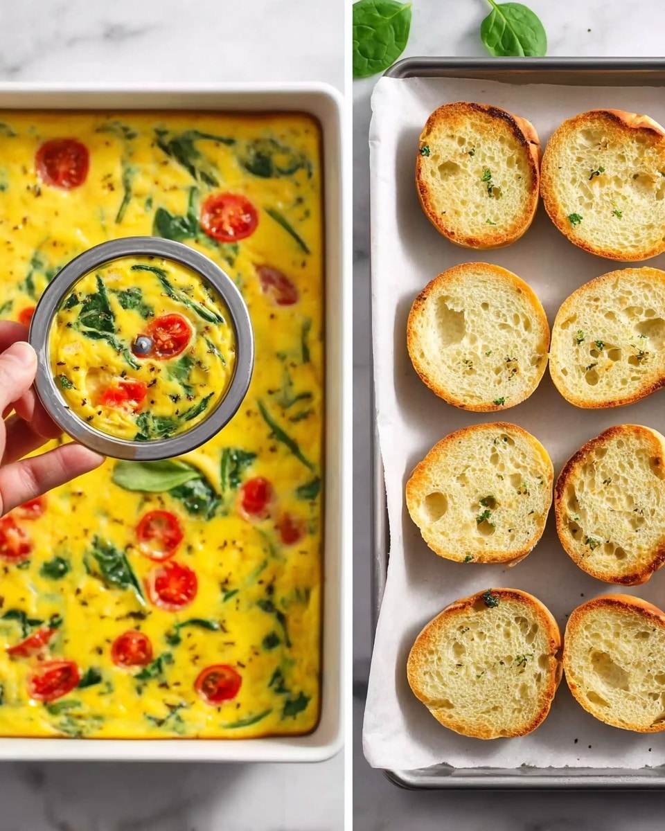 The image on the left shows a rectangular white baking tray filled with a bright yellow egg mixture that has green spinach leaves and red cherry tomato halves spread evenly throughout. A woman's hand is holding a round metal cutter, pressing it down into the mixture to create a circular shape. The surface is white marbled. The image on the right shows a white baking tray lined with parchment paper, holding six halves of a light brown English muffin, each toasted with an even golden crust and a soft, porous texture inside. There are a few small green spinach leaves placed near the tray on the white marbled surface. photo taken with an iphone --ar 4:5 --v 7