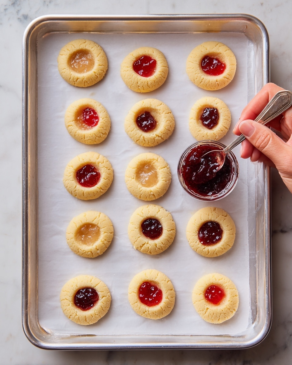 A metal baking tray lined with white parchment paper holds fifteen round thumbprint cookies made of light yellow dough. Each cookie has a small round well in the center, six of which are filled with red and dark red jam, while the others remain empty. A woman's hand holds a small silver spoon filled with dark red jam, about to fill one of the empty cookie wells. The tray rests on a white marbled surface. photo taken with an iphone --ar 4:5 --v 7
