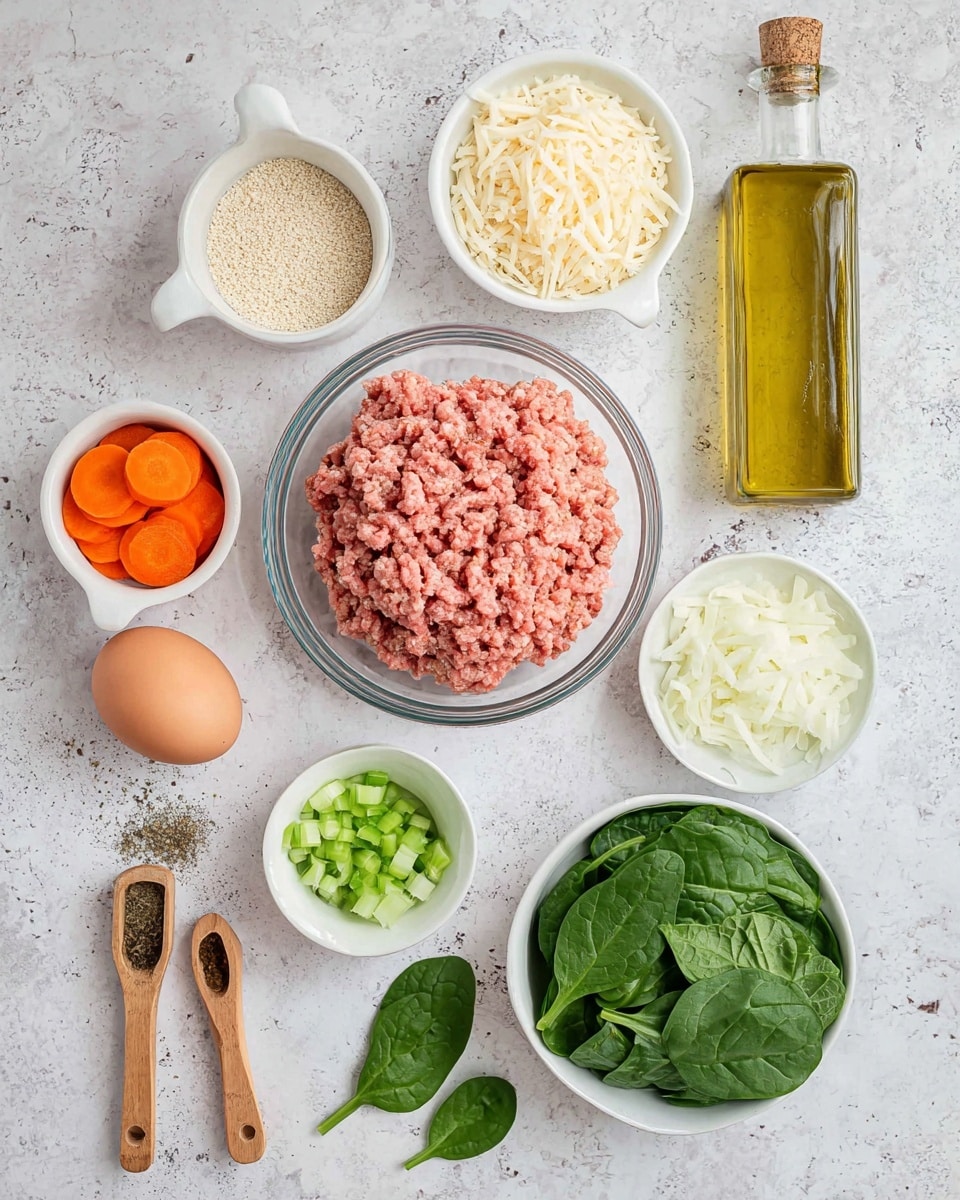 The image shows ingredients arranged neatly on a white marbled surface. In the center, there is a clear glass bowl filled with raw ground meat that is pinkish-red with a soft texture. Surrounding it, in white bowls, are bright orange carrot slices in one bowl at the bottom left, fresh green spinach leaves at the top right, chopped white onions beside the spinach, pale yellow grated cheese to the right of the onions, and small beige pearl-like grains under the cheese. There's also chopped green celery in a small bowl near the bottom left. Whole brown egg is placed near the top left, along with a white ramekin filled with a light brown powder, likely breadcrumbs. Three wooden measuring spoons with herbs and spices rest on the left side near the bottom. A tall clear bottle with yellow oil and a cork top is positioned vertically to the right. Two spinach leaves are placed on the marbled surface near the bottom right. The setup is bright and clean, with all ingredients clearly visible and well organized. photo taken with an iphone --ar 4:5 --v 7
