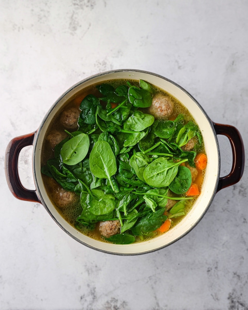 In the white pot, there are three clear layers: at the bottom is a light brown soup broth with small pieces of orange carrots and brown meatballs visible; above the broth, a layer of whole fresh green spinach leaves covers most of the surface, giving a fresh contrast; the green leaves are bright and fresh, filling the top and slightly overlapping the edges inside the pot. The pot has dark brown handles on each side and sits on a white marbled surface. photo taken with an iphone --ar 4:5 --v 7