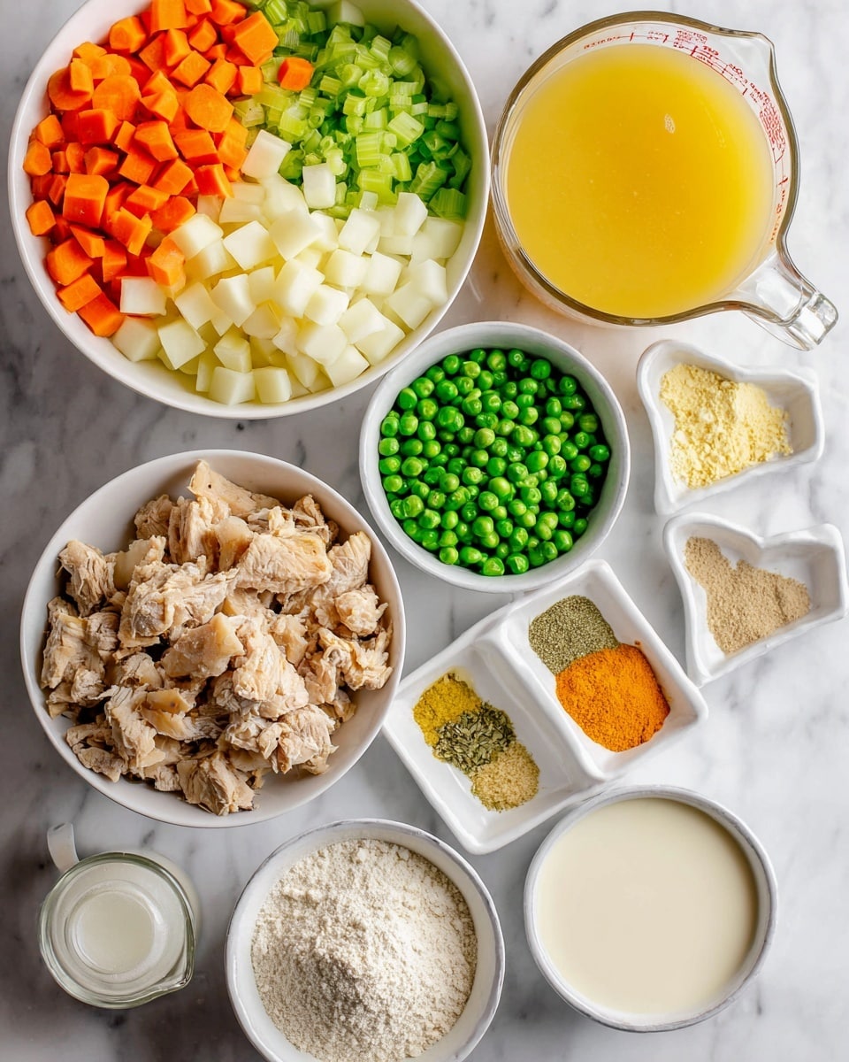 The image shows several white bowls and small dishes on a white marbled surface, each holding different cooking ingredients. In the top left, a large white bowl is filled with four layers of chopped vegetables: green celery on the left, white onions on top, orange carrots on the right, and peeled light yellow potatoes at the bottom. To its right is a clear glass measuring cup filled with yellow liquid. Below these, another large white bowl holds pieces of cooked, light brown and white chicken. In front of that bowl, a small white ramekin contains bright green peas, and beside it is a small white dish with minced yellow garlic. Below the peas and garlic, a divided white dish hosts three spices: green, pale tan, and light orange powders. To the right of this spice dish is a clear bowl filled with creamy white liquid. Next to it, there is a small white cup with white powder. In the front left corner, a white ramekin holds light brown flour. The arrangement is neat and colorful, all on the white marbled surface. Photo taken with an iphone --ar 4:5 --v 7