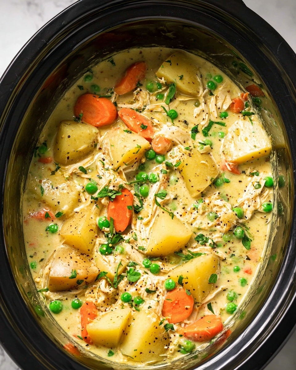 The image shows a close-up of a creamy stew inside a black slow cooker. The dish has multiple layers visible: large chunks of light yellow potatoes, bright orange carrot slices, and vivid green peas scattered evenly throughout. Shredded pieces of light beige chicken are mixed in with the vegetables, all covered in a smooth, pale yellow cream sauce with flecks of black pepper. Small bits of green herbs are sprinkled on top, adding brightness to the dish. The scene is set against a white marbled surface. photo taken with an iphone --ar 4:5 --v 7