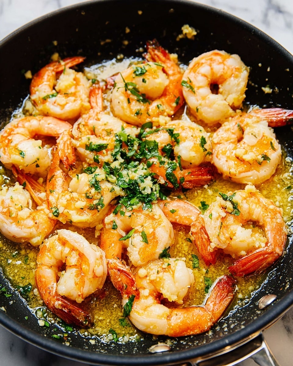 A close-up view of a black pan filled with multiple cooked shrimp arranged in a scattered way. The shrimp are light orange with white sides and glimpses of their reddish tails visible. They sit in a shallow pool of golden yellow butter sauce with small bits of minced garlic spread around. On the top center, fresh green chopped herbs add a fresh touch and contrast against the warm colors of the shrimp and sauce. The pan's edge is slightly visible, with a shiny black handle on the right side. The background shows a white marbled texture. photo taken with an iphone --ar 4:5 --v 7
