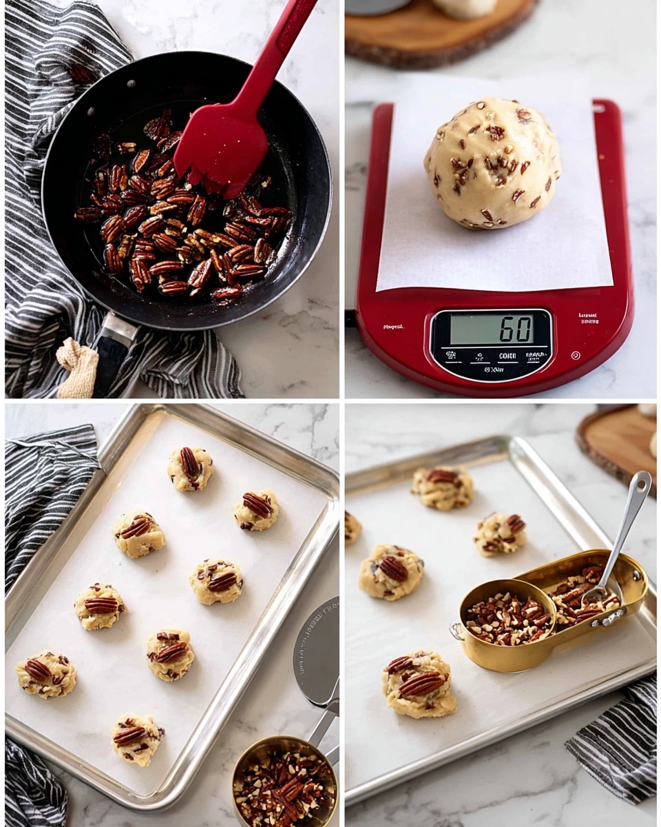 The image shows a step-by-step view of making pecan cookies. The top left part shows shiny brown pecans cooking in a black pan with a red spatula. The top right part shows a ball of cookie dough with small brown bits on a white piece of paper, placed on a red digital scale showing '60'. The bottom left part shows six evenly spaced dough balls with brown bits on white parchment paper on a metal baking tray. The bottom right part shows the same tray with the dough balls slightly flattened, each topped with a pecan half. A small gold measuring cup filled with pecans is placed in the middle, and a metal spatula is visible at the bottom. The whole scene is on a white marbled surface with a black and white striped cloth nearby. photo taken with an iphone --ar 4:5 --v 7