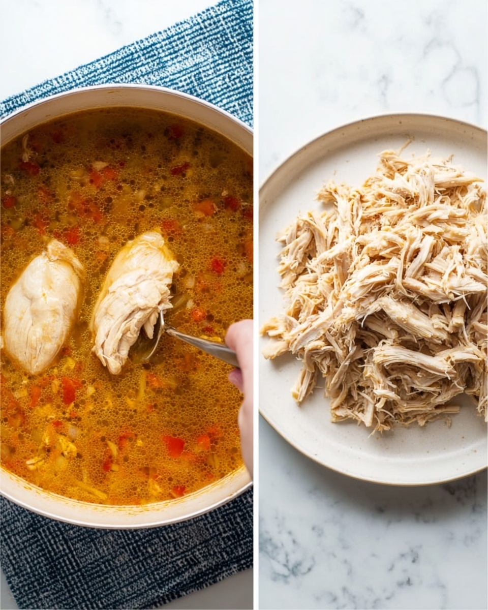 Creamy Chicken Tortilla Soup Recipe 5 The left side shows two light brown chicken pieces cooking in a pot of orange-brown broth with visible small chunks of red and yellow vegetables. A woman's hand is holding a utensil near the chicken in the steaming pot, which sits on a white marbled surface with a blue checkered cloth underneath. On the right side, there is a white plate filled with shredded chicken pieces, light beige in color, spread evenly in a loose pile, also on a white marbled surface. photo taken with an iphone --ar 4:5 --v 7