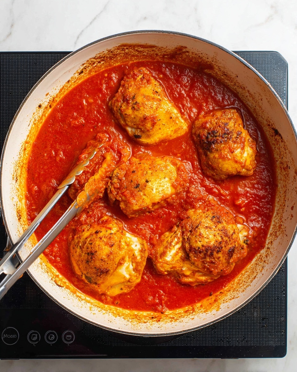 Obè Ata (Nigerian Red Chicken Stew) Recipe 5 A white pot filled with five cooked pieces of golden brown chicken partly covered with thick, bright red tomato sauce. The chicken pieces vary in size and are evenly spaced, sitting in the sauce with some slight bubbling. Two silver tongs hold two pieces of chicken on the left side. The pot edges have splashes of sauce, and the pot is on a black induction cooktop with buttons visible near the bottom of the image, all set on a white marbled texture surface. Photo taken with an iphone --ar 4:5 --v 7