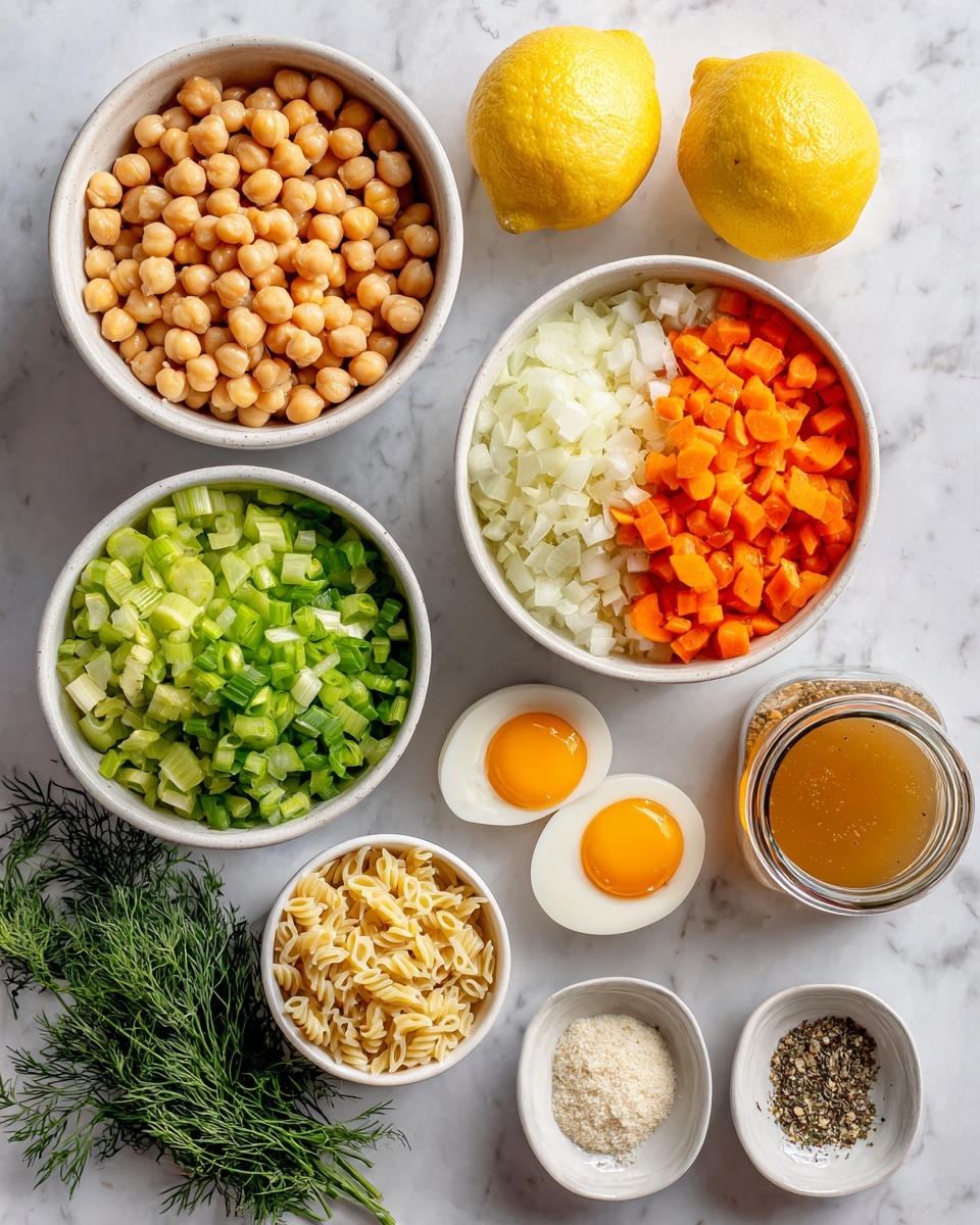 Lemony Greek Chickpea Soup Recipe 4 The image shows several ingredients neatly arranged on a white marbled surface. There are two large white bowls, one filled with light brown chickpeas and the other divided into three sections with chopped green celery, chopped orange carrots, and white diced onions. Another white bowl contains three raw egg yolks with some egg white around them. Next to these are smaller white bowls holding sliced light yellow orzo pasta, minced white garlic, and a mix of black pepper, dried herbs, and salt. A glass jar with light brown broth, two whole yellow lemons, and fresh green dill sprigs complete the setup. Each element is clearly separated and visually distinct, making the colors and textures easy to see. Photo taken with an iphone --ar 4:5 --v 7