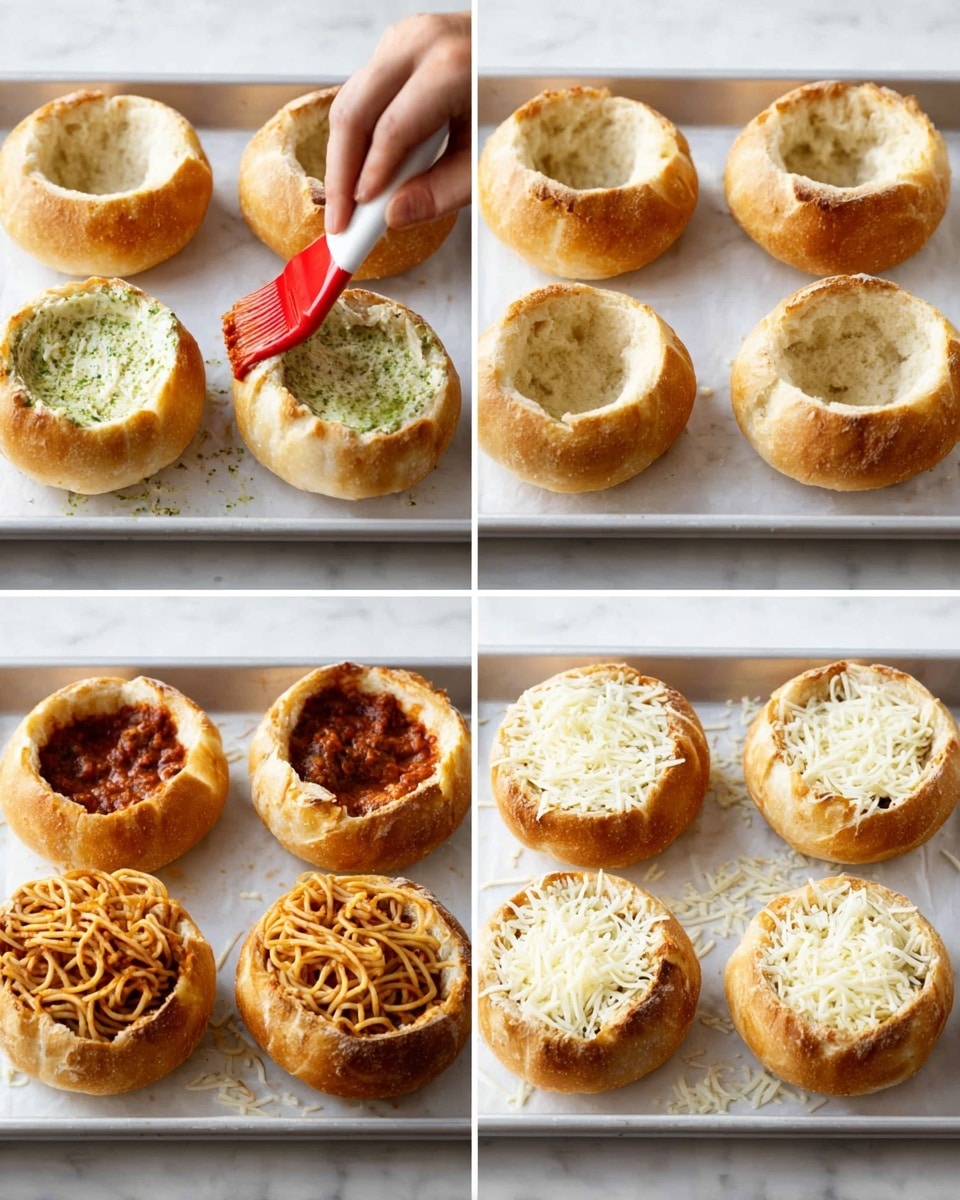 The image shows four frames of a cooking process on a white baking tray placed over a white marbled surface. Each frame has several round bread bowls with the tops cut off and insides hollowed out, showing a soft, white inside and a golden brown crust. In the top left frame, a woman's hand uses a red brush to spread a green herb butter on the bread bowl edges. The top right frame shows one bread bowl filled with white shredded cheese. The bottom left frame shows a bread bowl filled with brown spaghetti mixed with tomato sauce, the noodles piled high inside. The bottom right frame shows that same spaghetti-filled bread bowl topped with more white shredded cheese. Photo taken with an iphone --ar 4:5 --v 7