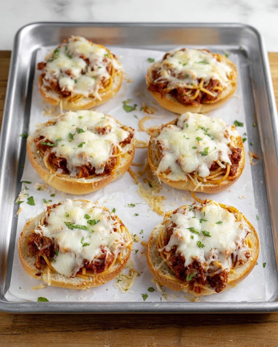 The image shows six small bread rounds placed on a metallic baking tray with white paper. Each bread round is topped with a layer of cooked spaghetti mixed with a red meat sauce, which is covered by a melted white cheese layer. The spaghetti is slightly visible underneath the cheese, and bits of green herb garnish are sprinkled on top of the cheese and around the tray. The bread is golden brown and soft-looking, with the toppings neatly piled in the center of each round. The background surface is a white marbled texture. photo taken with an iphone --ar 4:5 --v 7