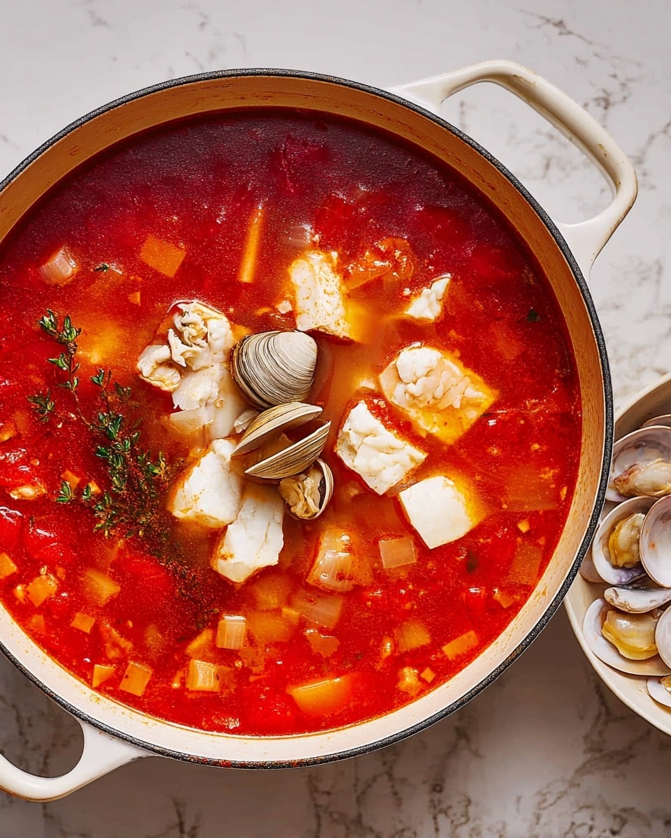 A large white pot filled with bright red tomato soup that has small diced vegetables visible in the liquid. In the center, there are chunks of white fish pieces and two light brown clams on top. On the left side of the pot, a sprig of herbs lies partially submerged in the soup. The pot is on a white marbled surface, and next to it on the right, there is a white bowl with raw shrimp and scallops visible. Photo taken with an iphone --ar 4:5 --v 7
