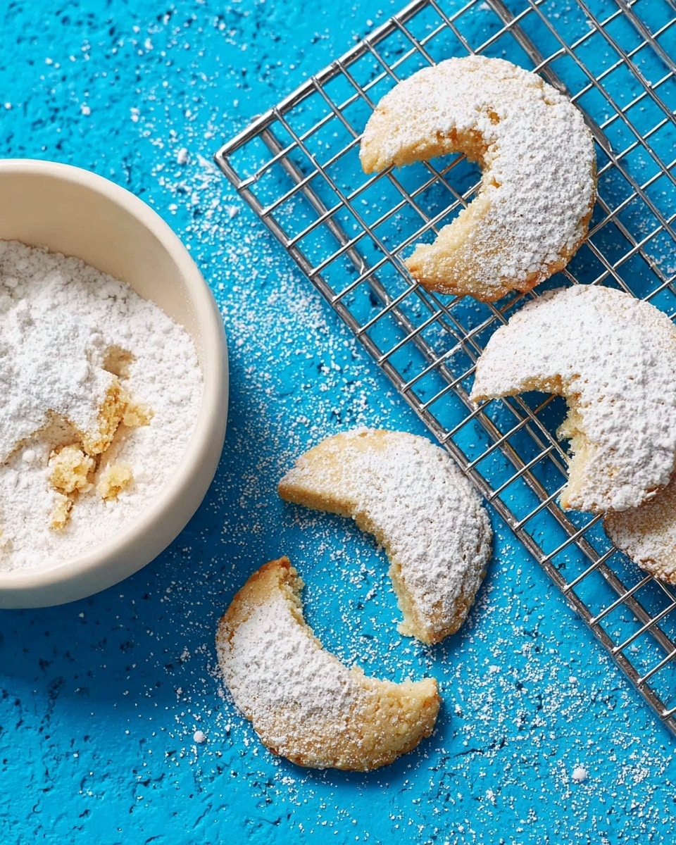 The image shows half-moon shaped cookies with a light golden-brown color and a rough texture covered with white powdered sugar. Six of these cookies are spread out on a metal cooling rack, while two more cookies are half-buried in a white powder inside a white bowl on the left side. The cookies have a crunchy appearance with a few crumbs scattered around. Everything rests on a bright blue surface with a clean, bright look. Photo taken with an iphone --ar 4:5 --v 7