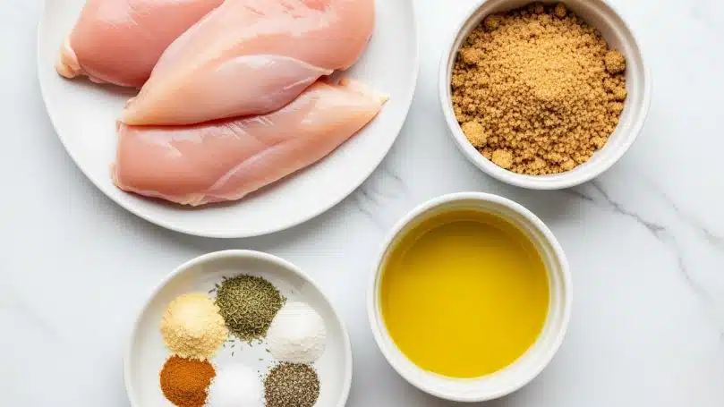 Brown Sugar Garlic Chicken Recipe 4 The image shows a white plate with three raw chicken pieces that are smooth and light pink in color, placed on the left side. To the right, there is a small white bowl filled with brown sugar, showing a coarse, grainy texture. Below that, another small white bowl contains golden-colored olive oil with a clear, shiny surface. On the lower left, a white bowl holds five small piles of spices: pale yellow garlic powder, greenish dried thyme, white salt, and dark black pepper, all with distinct granular textures. The background is a white marbled texture. photo taken with an iphone --ar 4:5 --v 7